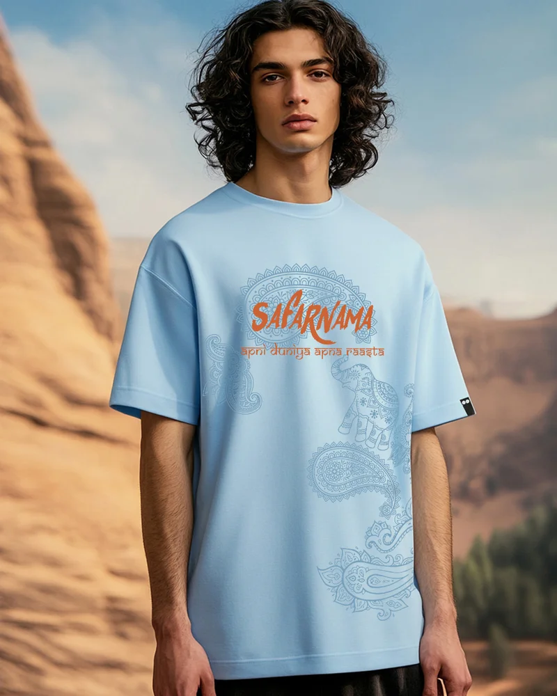 بيواكوف Men's Chambray Blue Safarnama Graphic Printed Oversized T-shirt